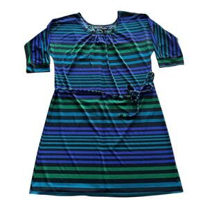 Womens Dress Medium Green Blue Purple Stripes Tie Waist Versatile Casual